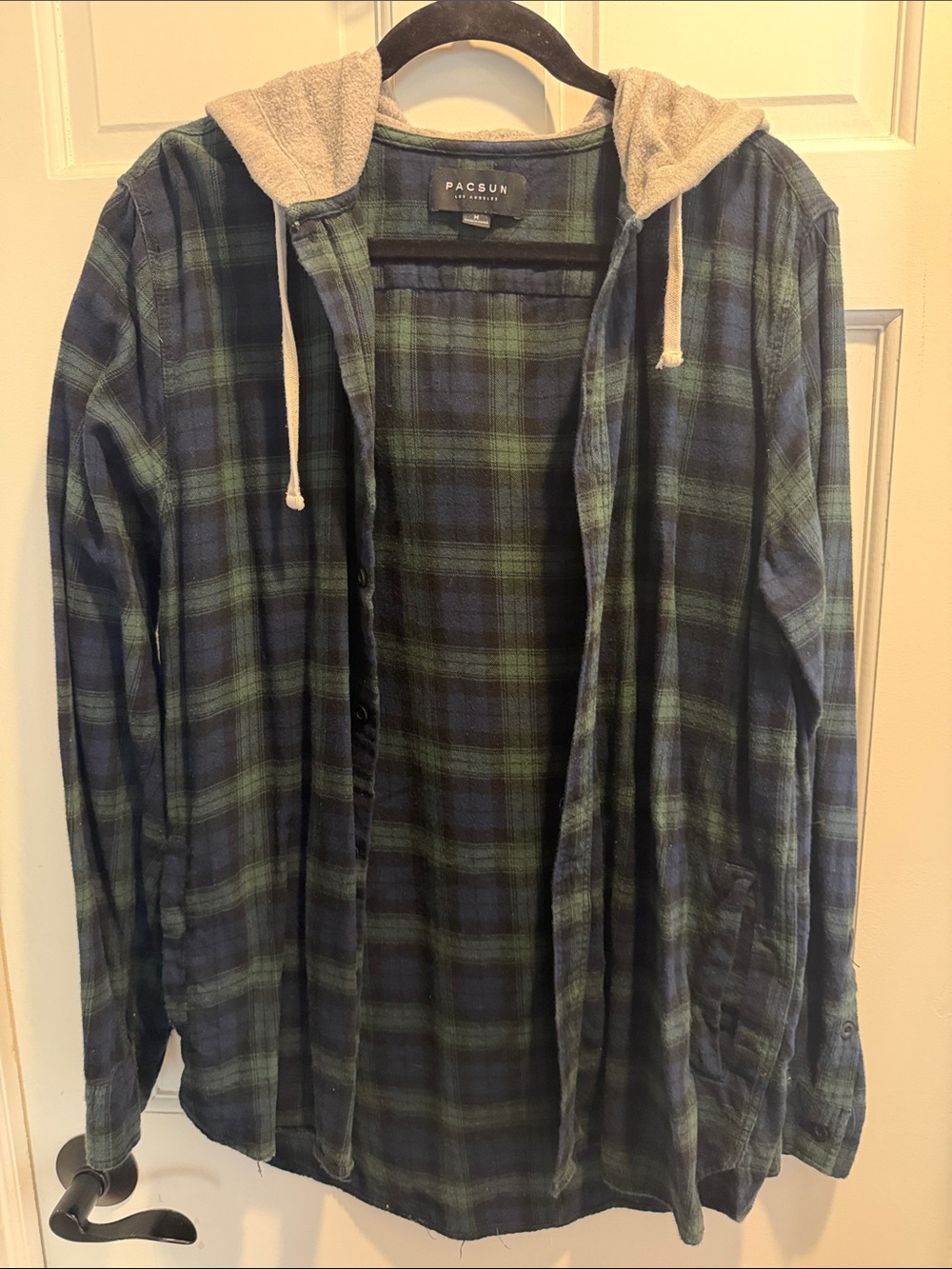 PacSun Green & Navy Plaid Hooded Shirt Jacket with Tan Hood